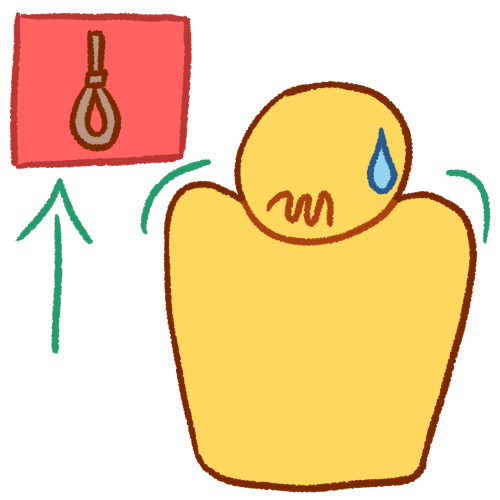  a drawing of a plain yellow person looking uncomfortable, with their shoulders raised, their mouth in a squiggly line, and a sweat droplet on their head. next to them is a pink square containing a noose with a green arrow pointing to it. 